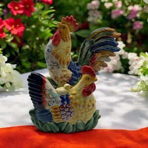 FITZ & FLOYD Ricamo Napkin Holder Ceramic Rooster /459 Hen Farmhouse New‎ no Box